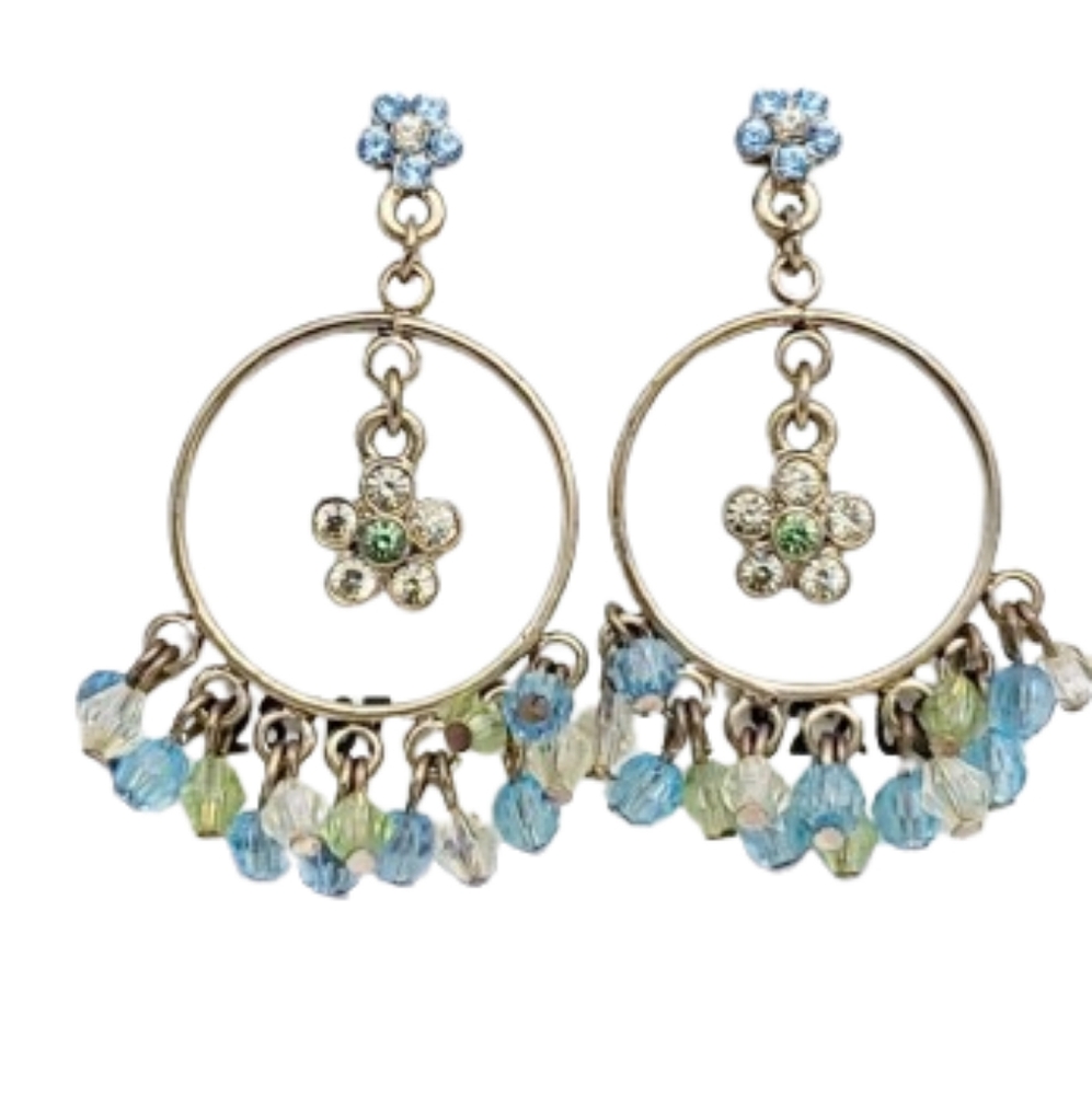New (Old Stock) 1928 Rhinestone Hoop Floral Dangly Earrings